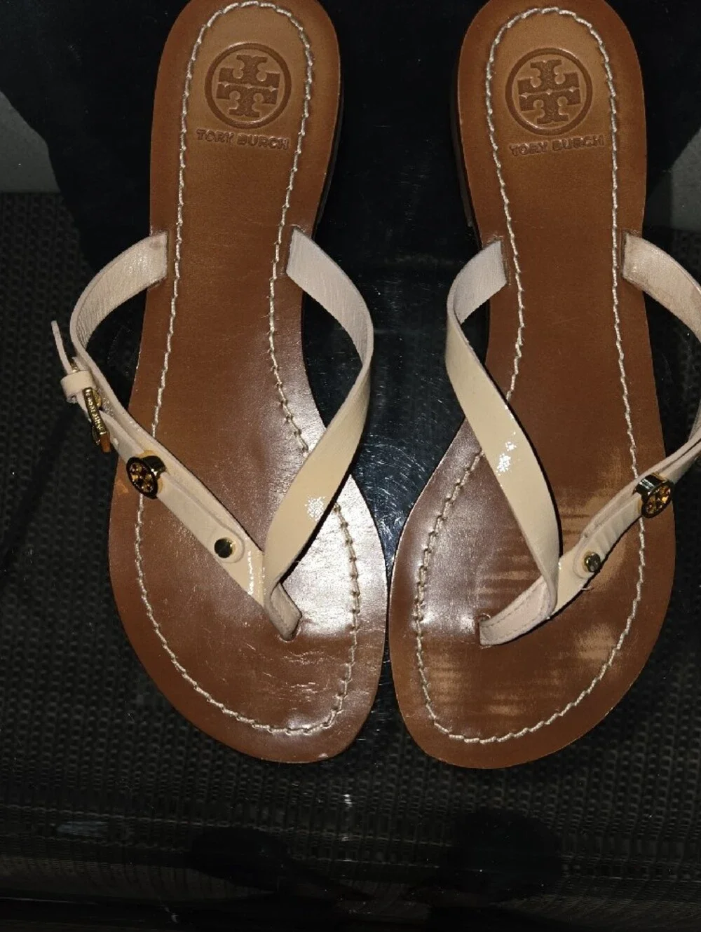 Tory Burch Beige Leather Thong Sandals with Gold Logo